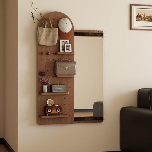 Wooden Full Length Wall Mirror with Pegboard Shelf and Hooks - iKaslandi