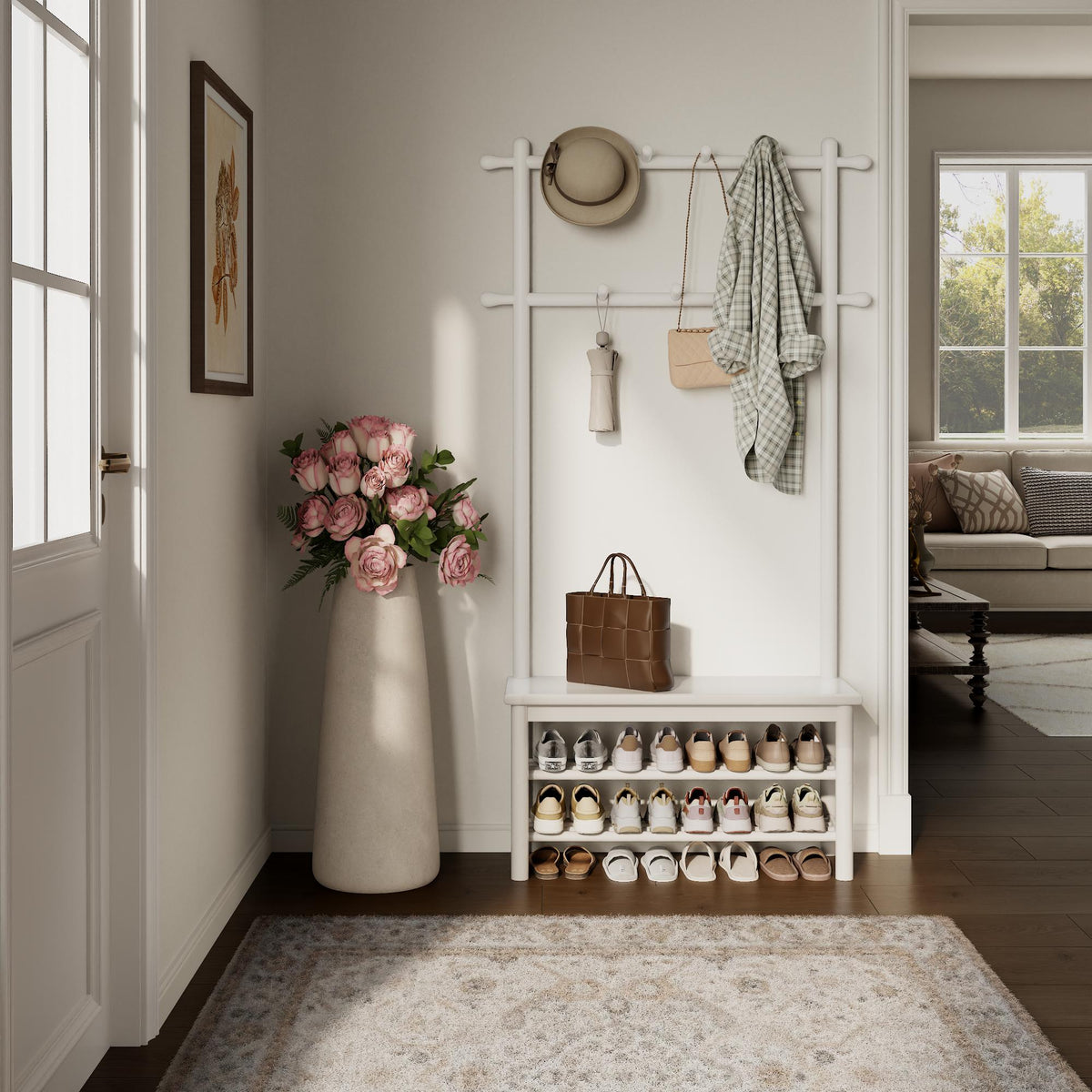 Wooden Hall Tree with Bench and Shoe Storage, 3-in-1 Entryway Coat Rack with 11 Hooks - iKaslandi
