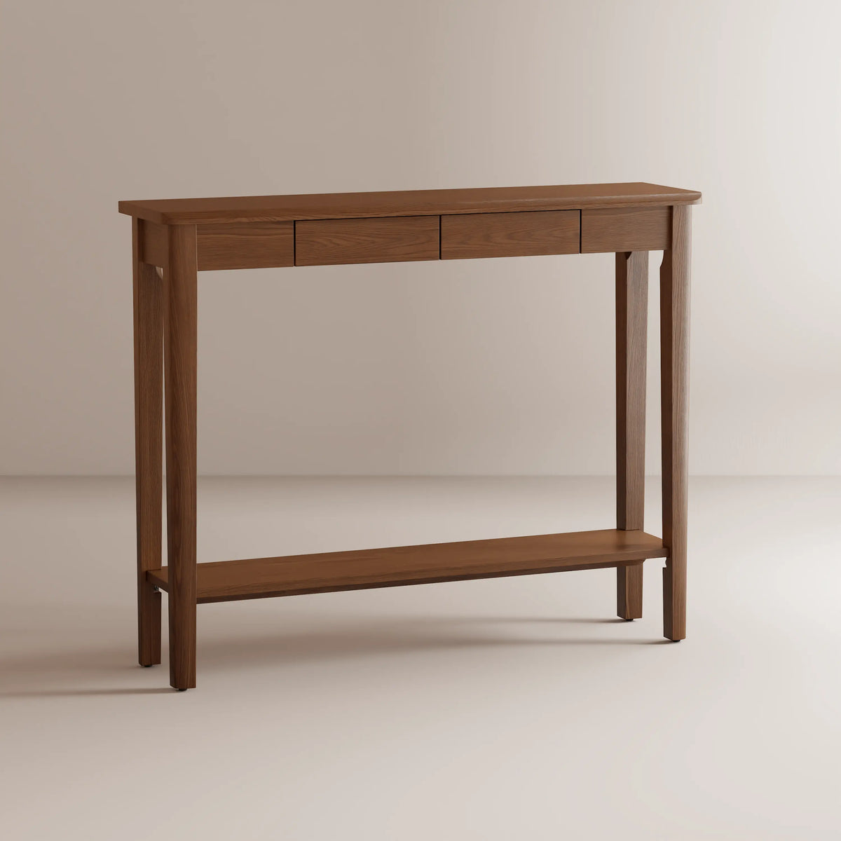 Walnut console table with two drawers and a lower shelf