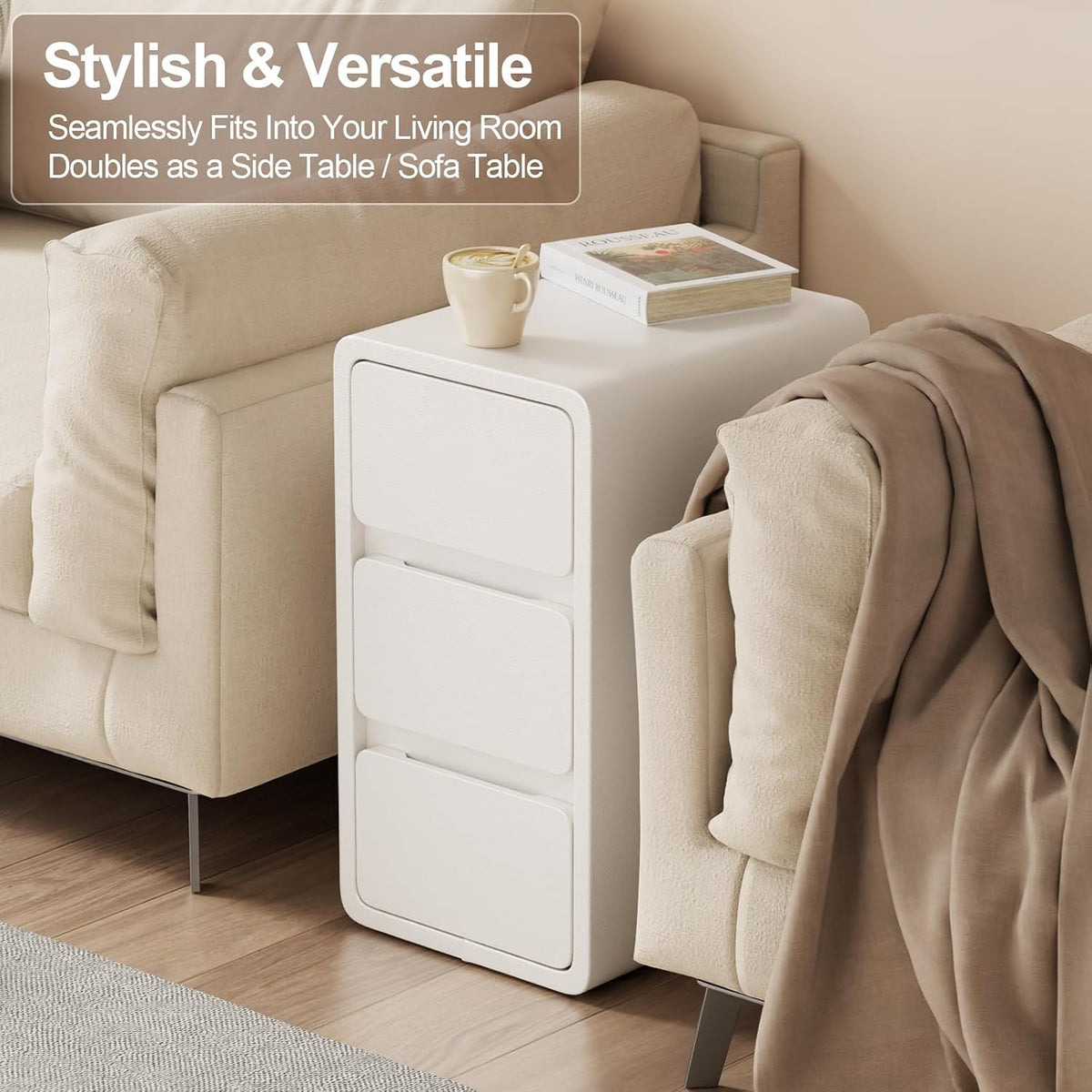 Narrow Bedside Table with 2 or 3 Drawers, Solid Wood Body and Leather-Coated Surface, Pre-Assembled - iKaslandi