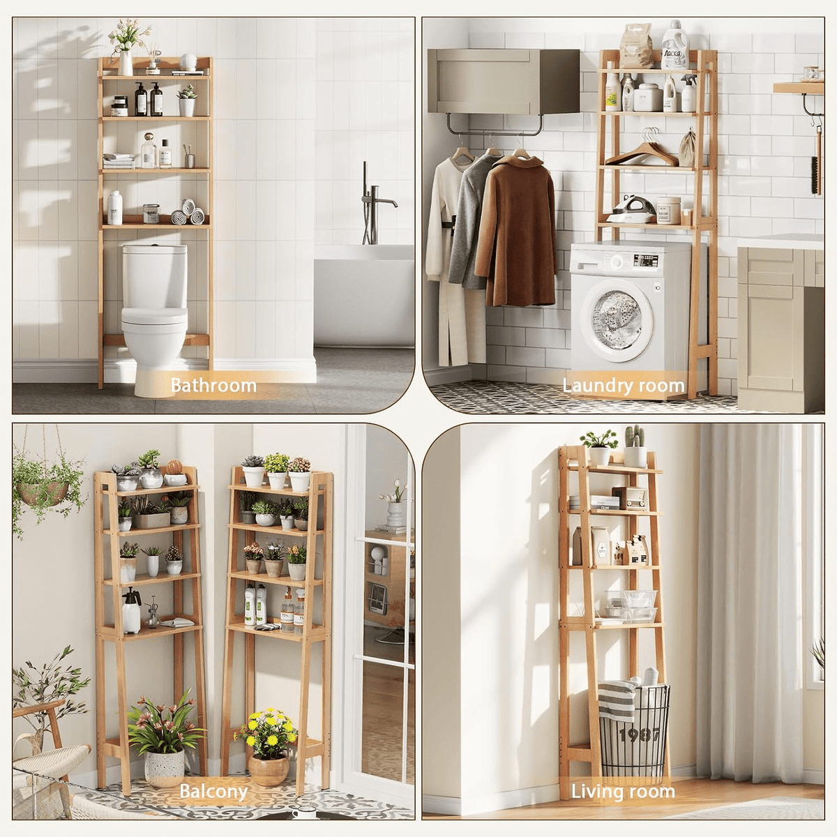 Freestanding 4-Tier Wood Over The Toilet Storage Shelf with Anti-Tip Kit - iKaslandi