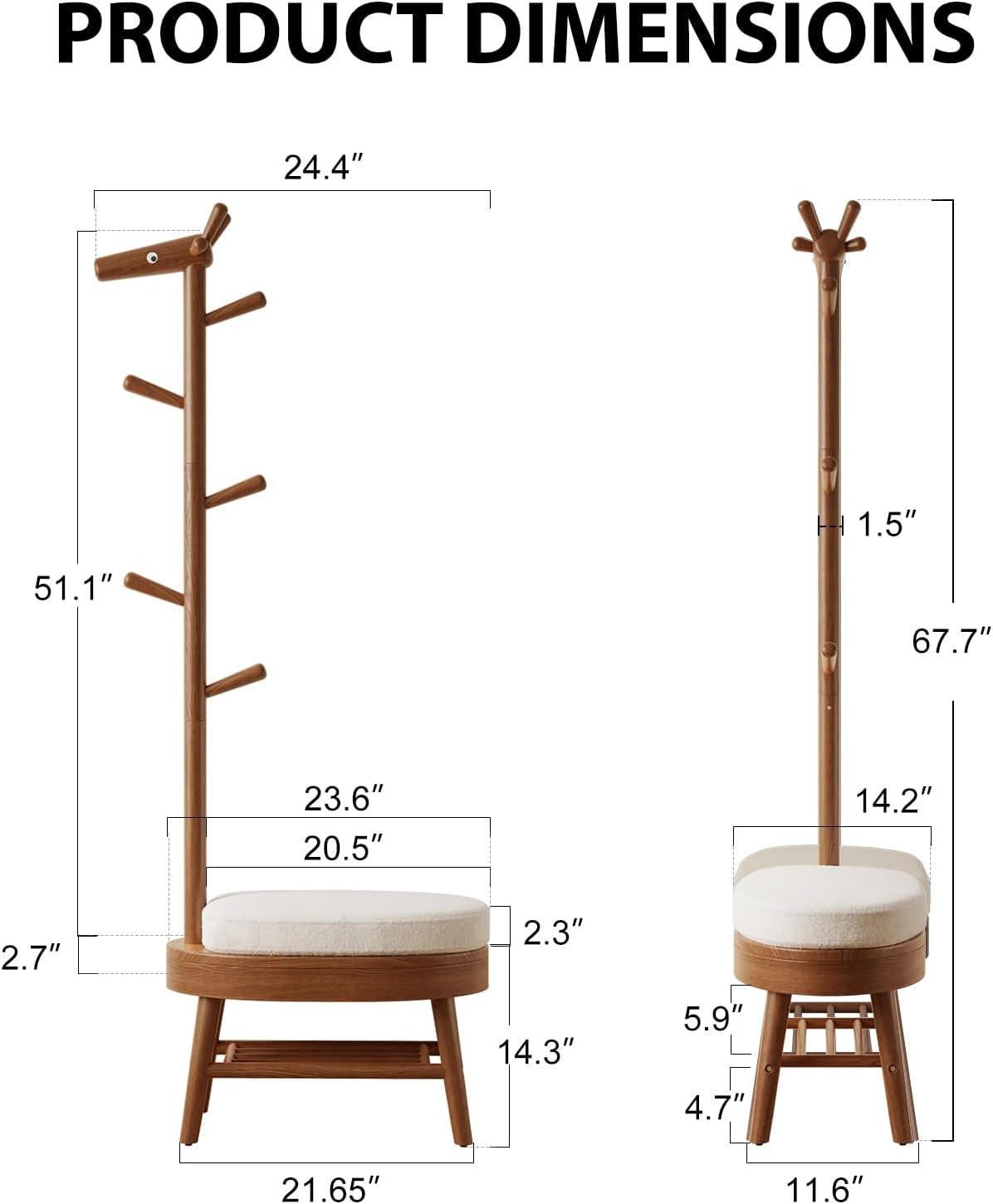 Rubberwood Shoe Bench with Coat Rack and 9 Hooks, Deer-Shaped Hall Tree - iKaslandi