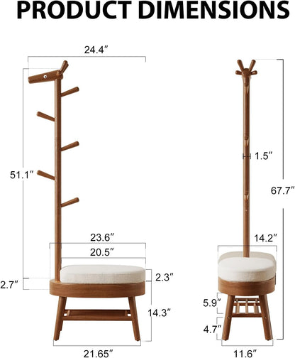 Rubberwood Shoe Bench with Coat Rack and 9 Hooks, Deer-Shaped Hall Tree - iKaslandi