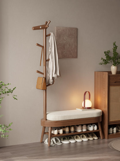 Rubberwood Shoe Bench with Coat Rack and 9 Hooks, Deer-Shaped Hall Tree - iKaslandi
