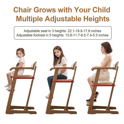 Solid Wood Toddler Dining Chair with Adjustable Height and Footrest, Wipe-Clean Cushion - iKaslandi