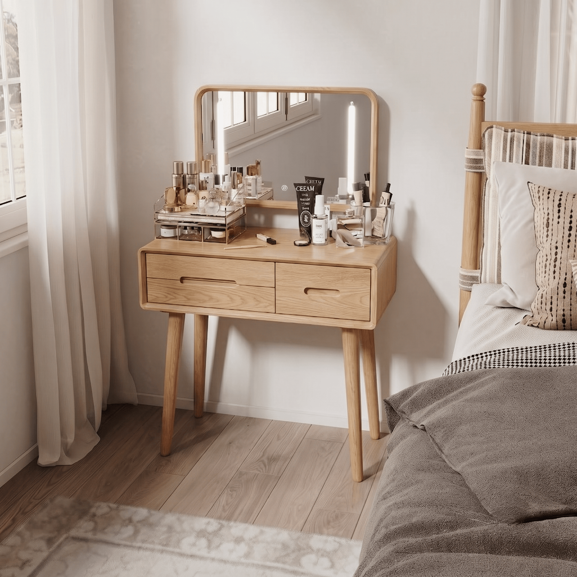Solid Wood Vanity Desk with Detachable Lighted Mirror | Converts to Writing Desk - iKaslandi