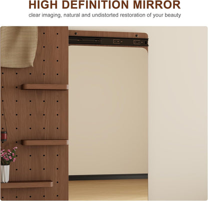 Wooden Full Length Wall Mirror with Pegboard Shelf and Hooks