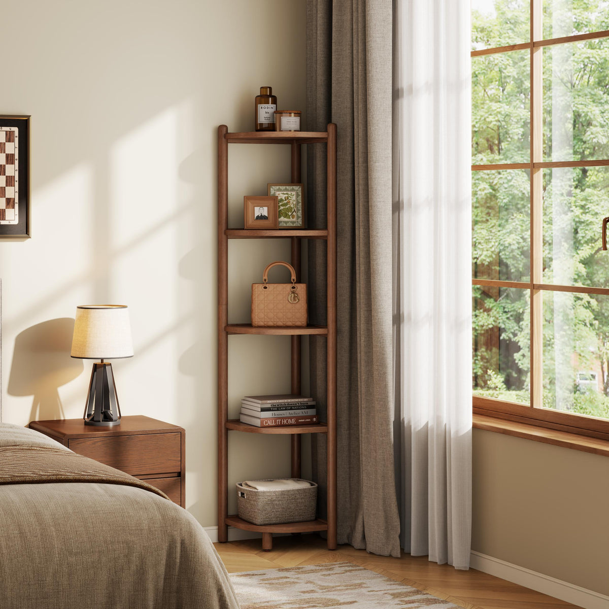 5 Tier Solid Wood Corner Shelf, Space Saving Corner Bookcase for Small Spaces - iKaslandi