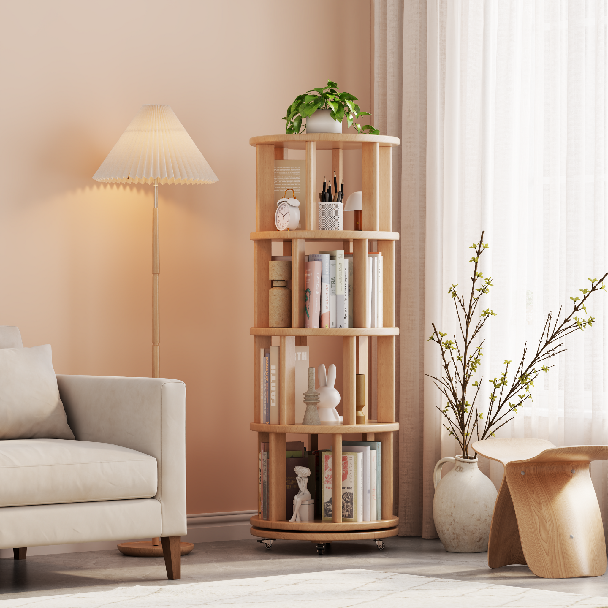 Solid Wood Rotating Bookshelf with Brake Wheels – Adjustable 1-6 Tiers