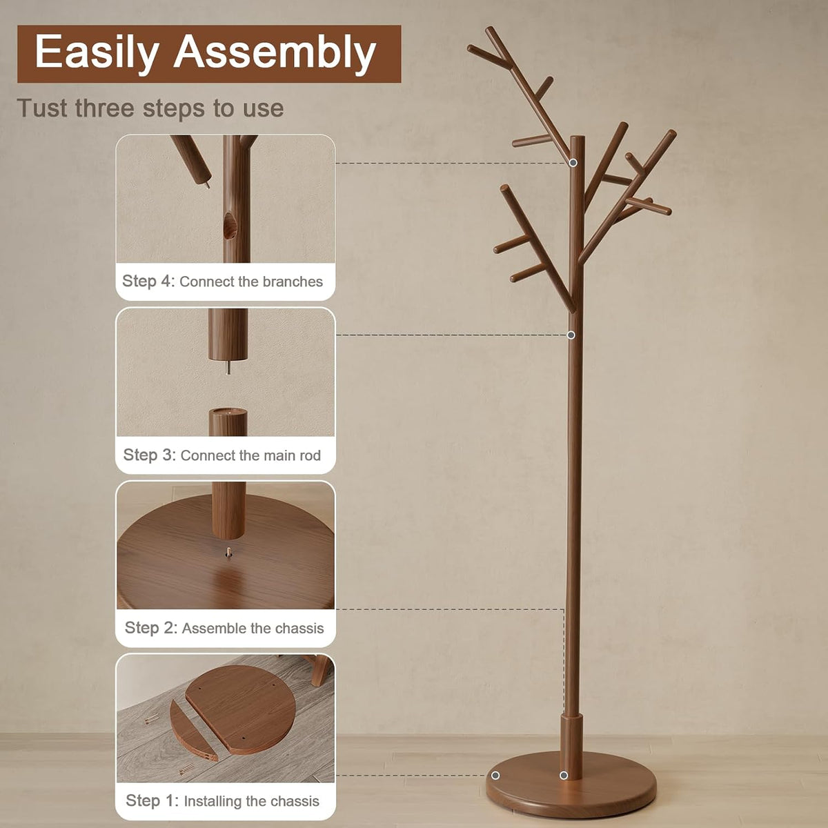 Solid Wood Freestanding Coat Rack with 12 Hooks and 3 Adjustable Heights
