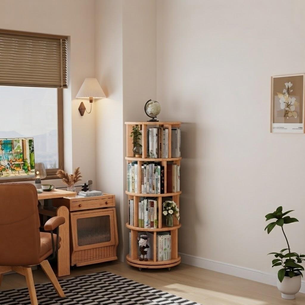 Rotating Round Bookshelf, Adjustable 1-6 Tiers – Space-Saving Storage Rack - iKaslandi