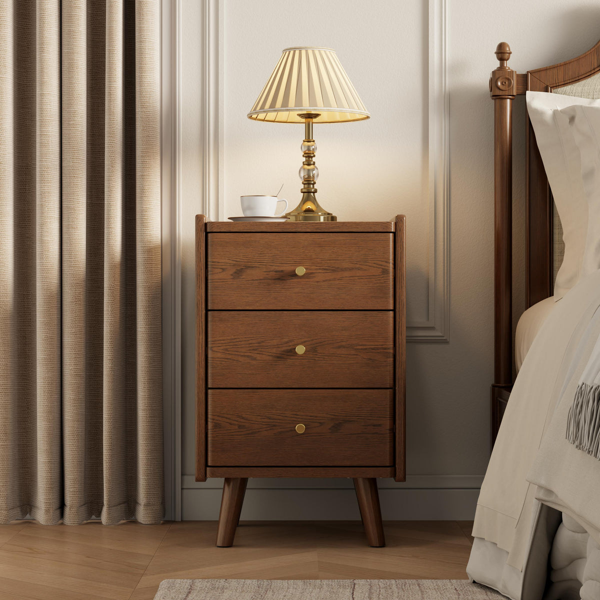 Solid Wood Nightstand with 3 Drawers, Mid Century Modern Bedside Table - iKaslandi