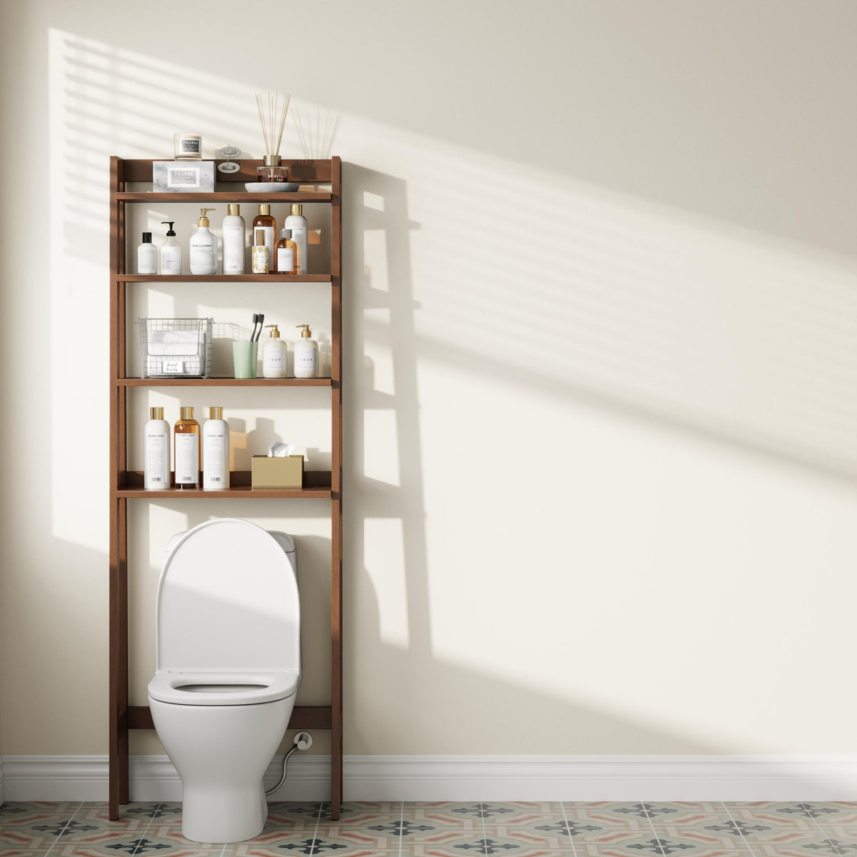 Freestanding 4-Tier Wood Over The Toilet Storage Shelf with Anti-Tip Kit - iKaslandi