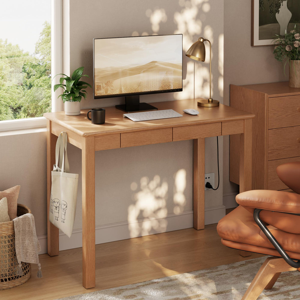 Solid Rubberwood Desk with 2 Drawers and Charging Station, Small Computer Desk - iKaslandi
