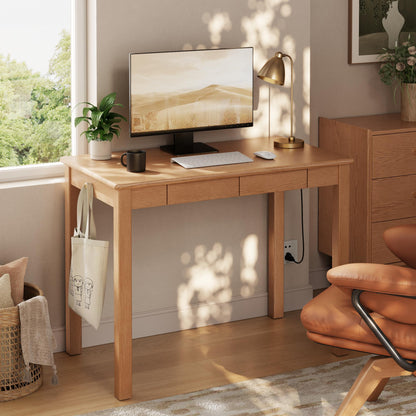 Solid Rubberwood Desk with 2 Drawers and Charging Station, Small Computer Desk - iKaslandi