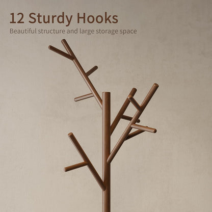 Solid Wood Freestanding Coat Rack with 12 Hooks and 3 Adjustable Heights