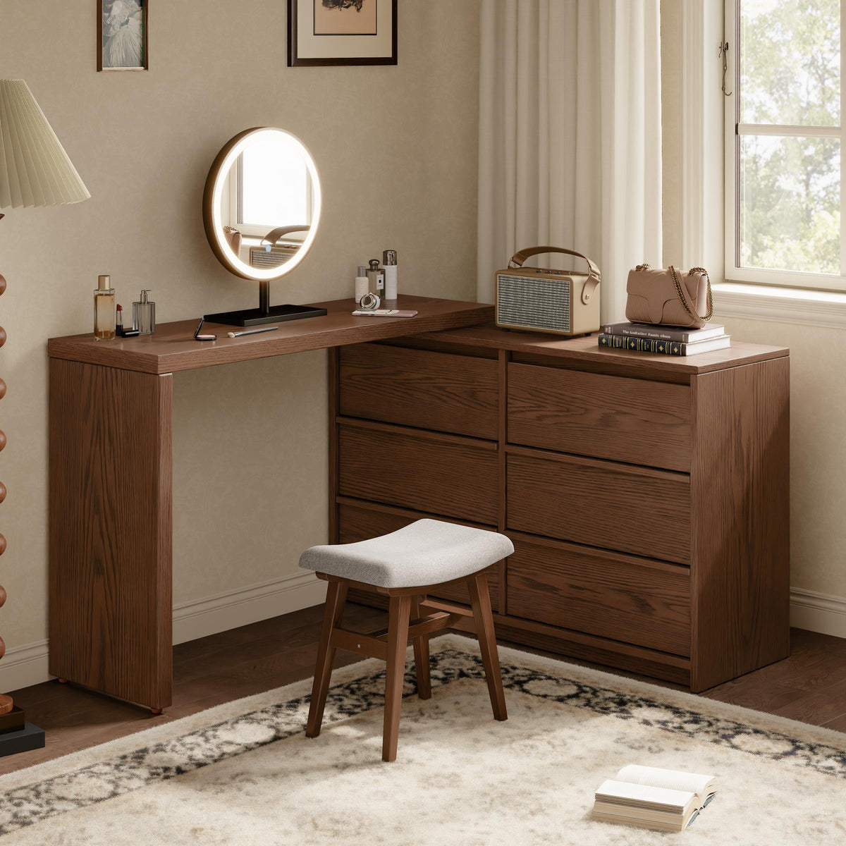 Solid Wood Makeup Vanity Desk with 6 Drawers and Adjustable Shelves