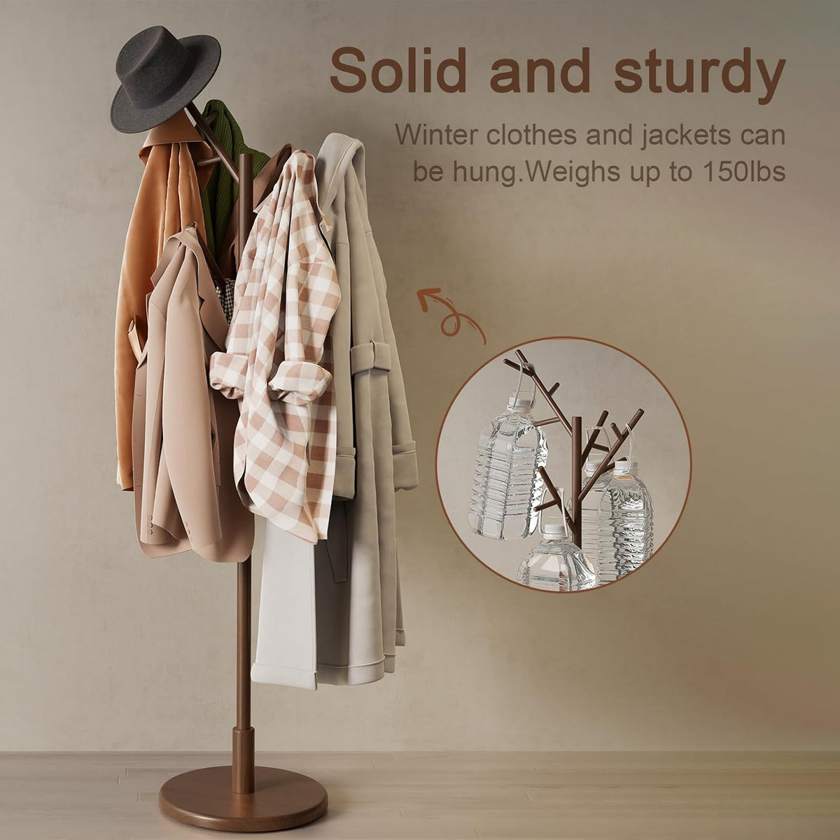 Solid Wood Freestanding Coat Rack with 12 Hooks and 3 Adjustable Heights