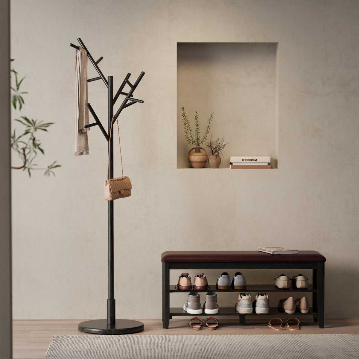 Solid Wood Freestanding Coat Rack with 12 Hooks and 3 Adjustable Heights