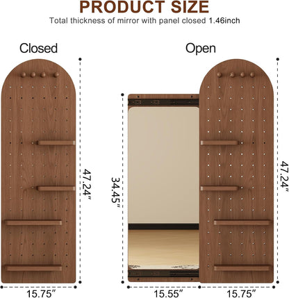 Wooden Full Length Wall Mirror with Pegboard Shelf and Hooks