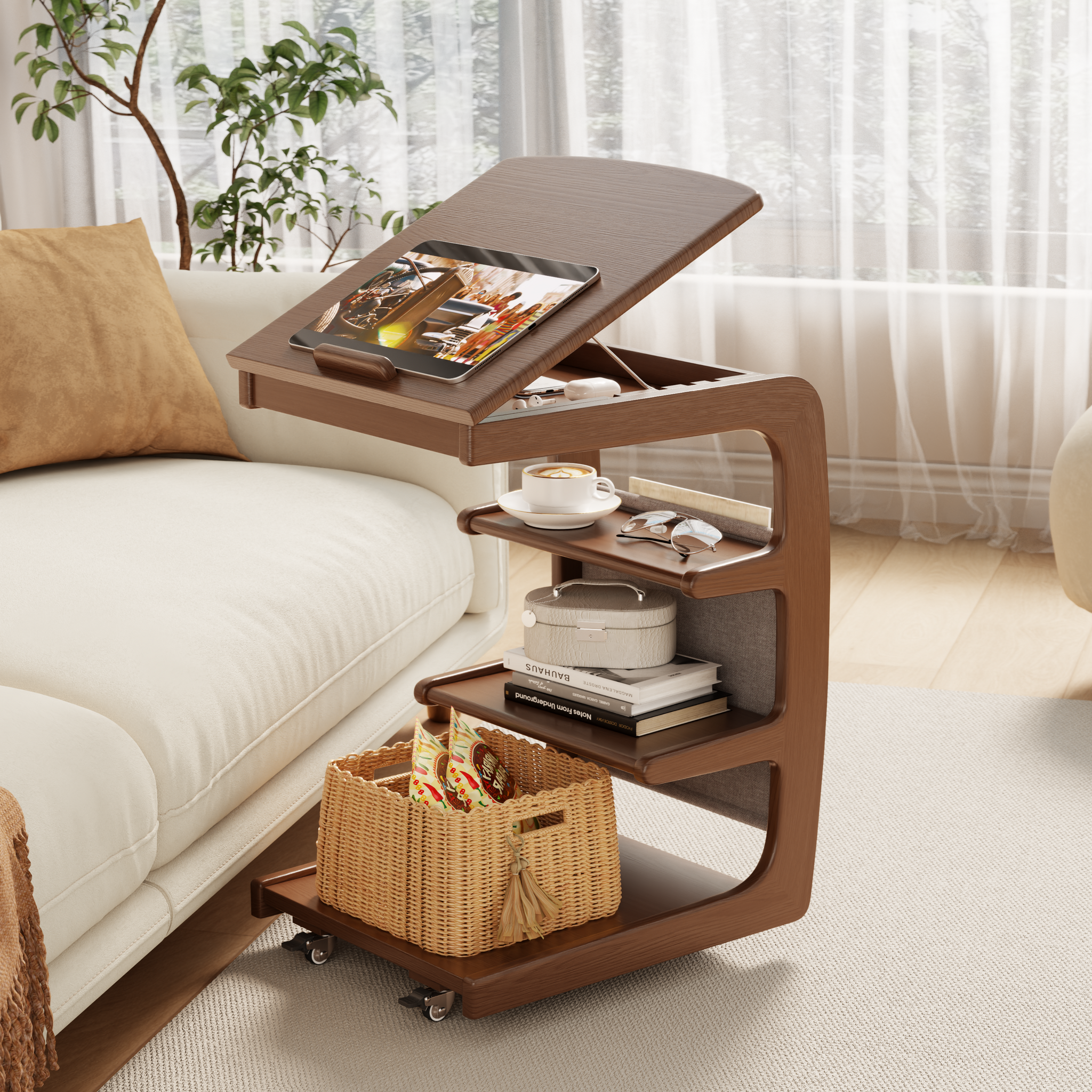 Solid Wood C-Shaped Table for Couch with 3-Tier Storage