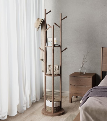 KungFuWood KASLANDI Coat Rack, Solid Wood Rotary Coat Rack Stand, Freestanding Coat Rack with 3 Shelves and 9 Hooks, Sturdy and Easy to Assemble Coat Tree for Entryway, Bedroom, Coats, Bags