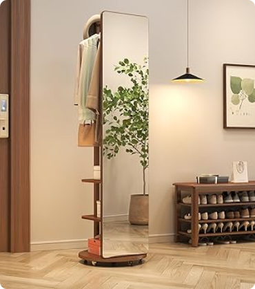Ceramic Art Piece-2Full Length Mirror with Brake Wheels, 70"x16", Unique Solid Wood Oversized Floor Mirror with Coat Rack, Full Body Mirror for Bedroom, Living Room