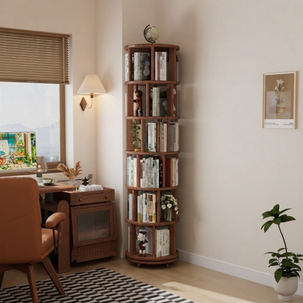 Rotating Round Bookshelf, Adjustable 1-6 Tiers – Space-Saving Storage Rack - iKaslandi