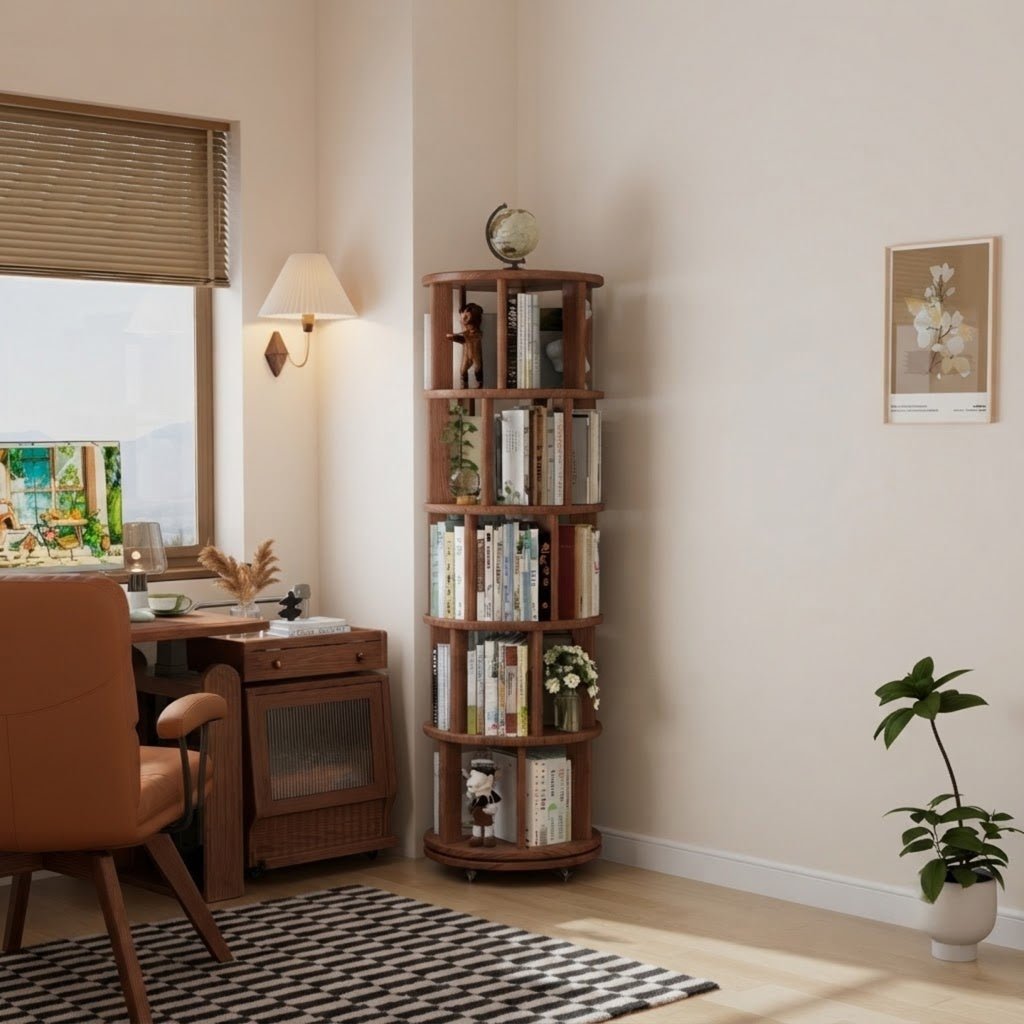 Rotating Round Bookshelf, Adjustable 1-6 Tiers – Space-Saving Storage Rack - iKaslandi