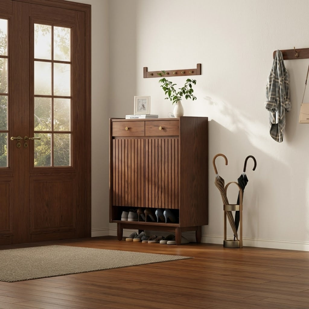 Fluted Solid Wood Shoe Cabinet with Drawers & Open Shelf