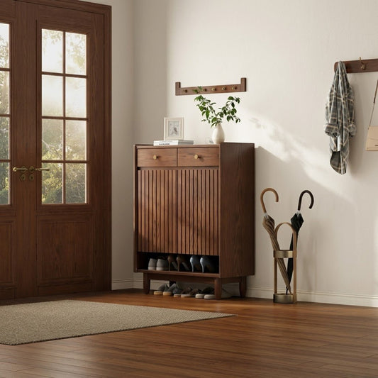 Fluted Solid Wood Shoe Cabinet with Drawers & Open Shelf - iKaslandi