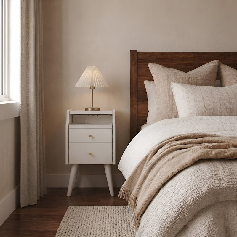 Solid wood classic minimalist nightstand with 2 drawers and an open shelf - iKaslandi